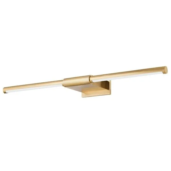 Jerome large aged brass picture light with a sleek rectangular backplate and long tubular shade with integrated LED