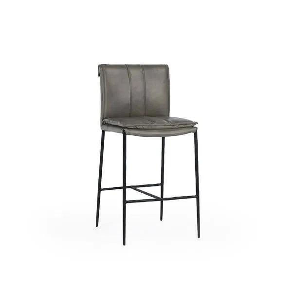 Mayer Stool with thin black iron legs and grey leather upholstery featuring rolled back and decorative stitching