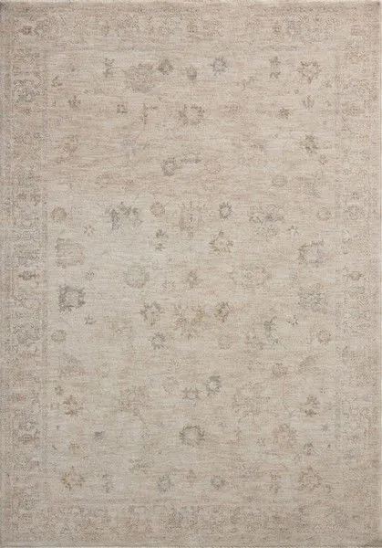 Louisa Oatmeal / Stone Rug with soft, muted Turkish floral motifs in pale blues, creams, and browns on a velvety pile