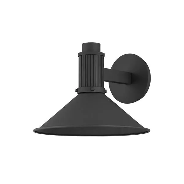 Elani Exterior Wall Sconce with conical shade, textured black finish, ribbed cap, and circular backplate