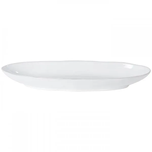 Glossy white oval ceramic stoneware platter with a smooth lustrous finish and slightly raised rim
