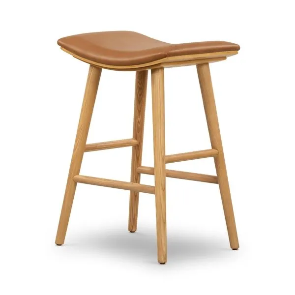 Union Sedona Butterscotch Bar Stool with sculptural solid American oak frame and curved butterscotch leather seat