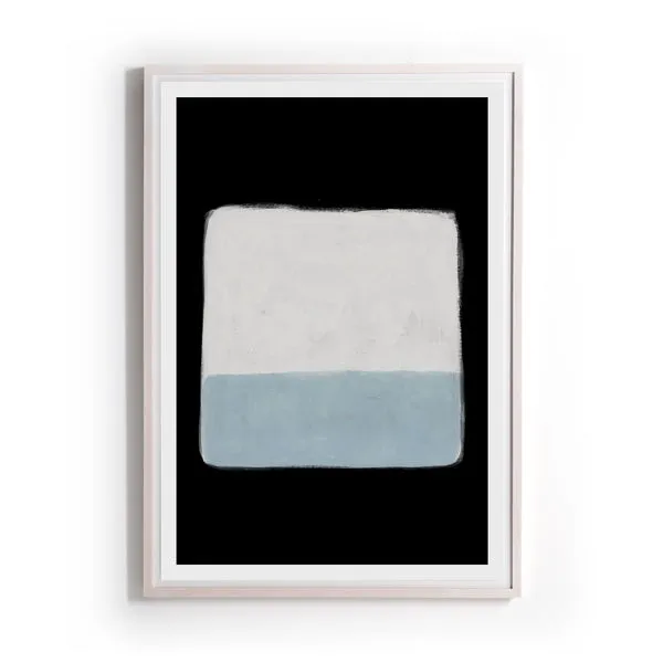 Abstract painting with black background, white upper rectangle, and cool blue lower rectangle in whitewashed maple frame