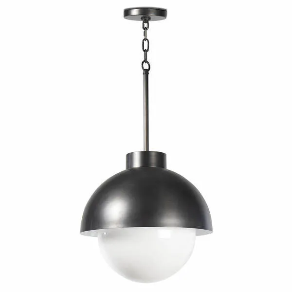 Modern pendant light with curved black metal shade and large opal glass globe diffuser