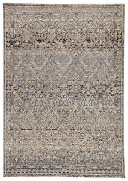 Cashel Tribal Rug with gray, tan, blush tribal diamond design and distressed black accents