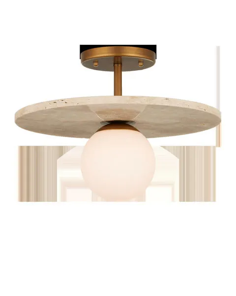 Apricity Semi-Flush Mount with frosted white glass globe and flat round travertine disc in antique brass finish