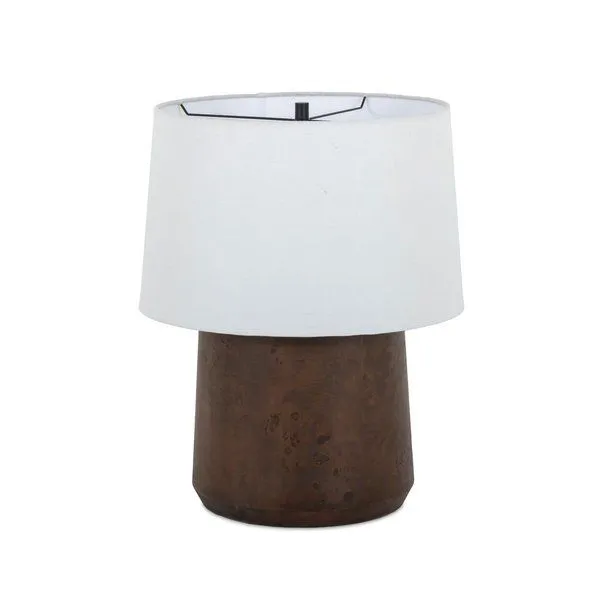 Daxton Table Lamp with a classic smooth silhouette, burl wood base in warm brown and a white fabric drum shade