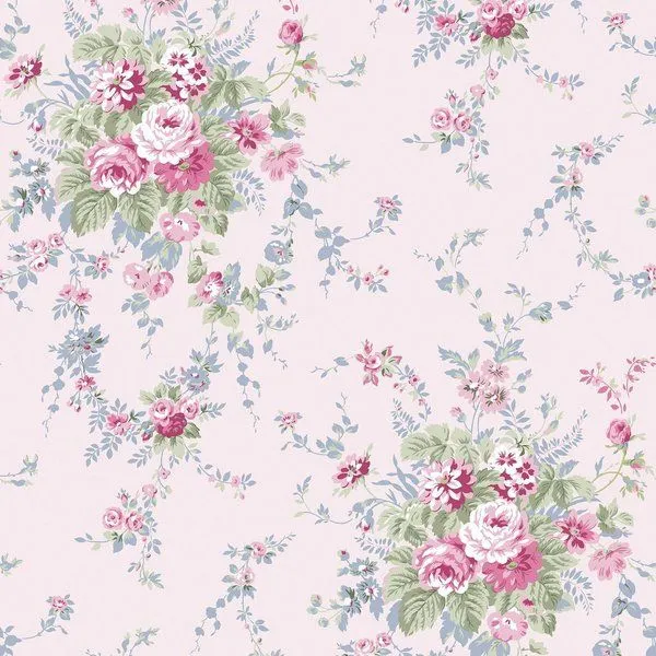 pink wallpaper with rambling rose bouquets in pinks, soft sages, and faded antique floral design