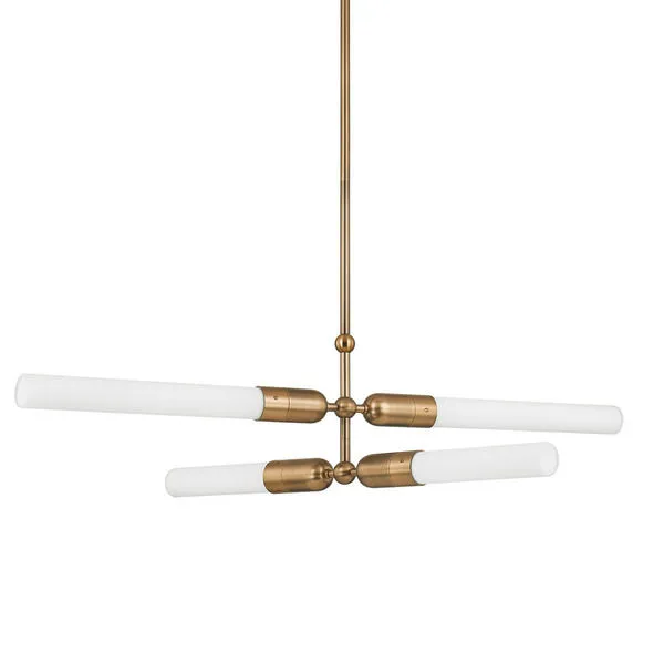 Darby Chandelier with four horizontal etched glass tubes and exposed brass mechanical connections
