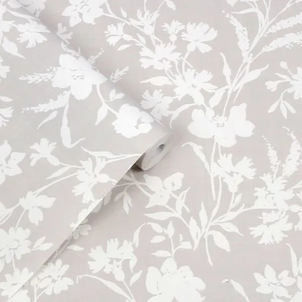 Charismatic floral wallpaper in dove grey with trailing large white flowerheads and leaves monoprint
