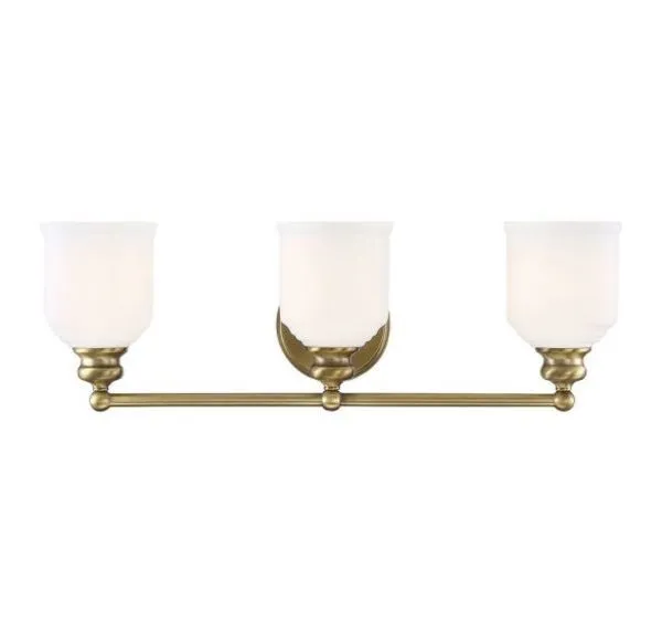 Melrose 3-light bath vanity bar with warm brass finish and three white opal glass shades in classic Americana style