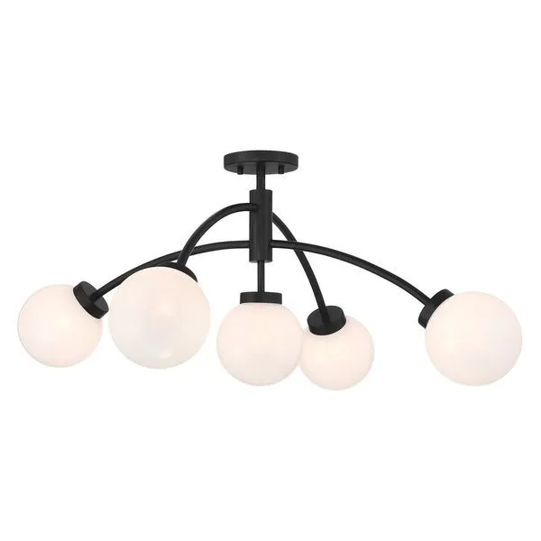 Redfield 5-light semi-flush mount with matte black curved arms and white strie glass orbs