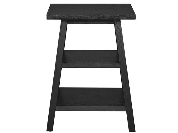 Modern farmhouse square end table with angled legs and two shelves in black wood finish