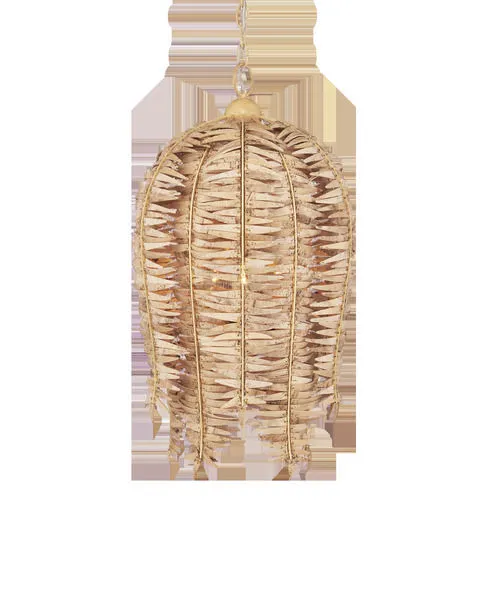 Bell-shaped pendant light made from bleached coconut shells pinned on wrought iron ribs in coco cream finish