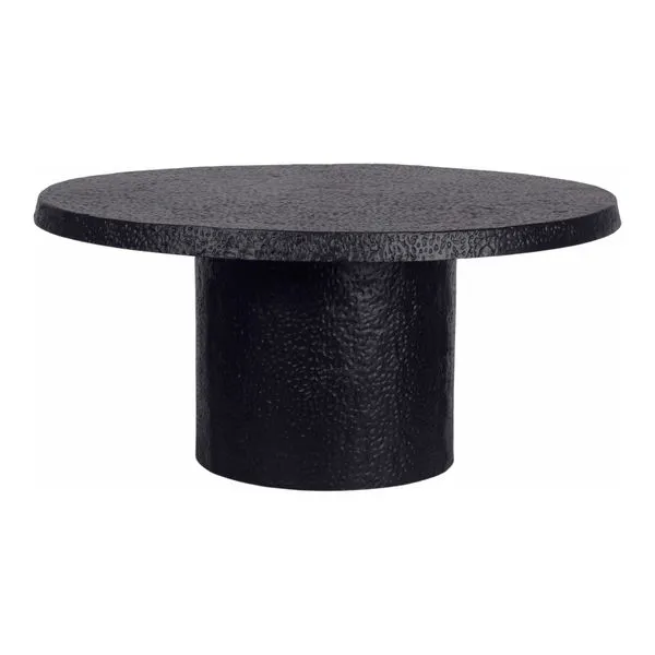 Black Brutalist pedestal coffee table with indented textured finish and round top
