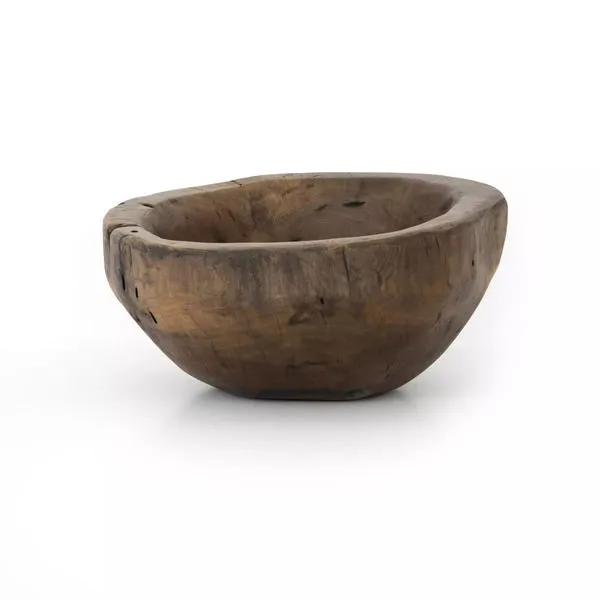Handcrafted reclaimed wood bowl in ochre with a rounded, chunky shape and natural wood grain details