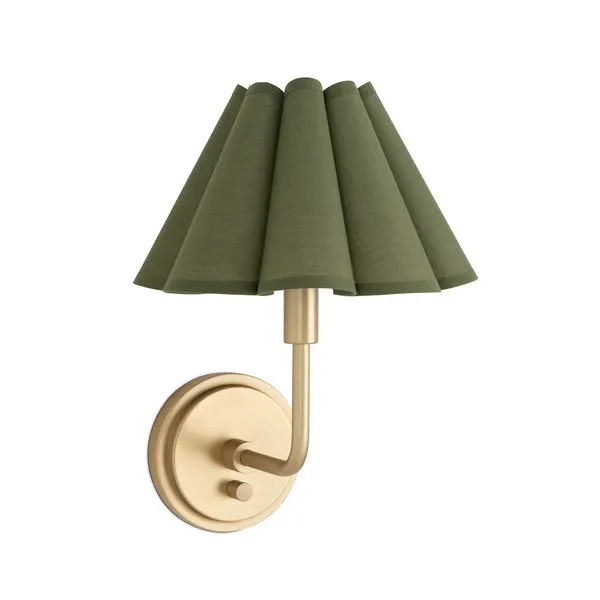 Polly wall sconce with single green scalloped fabric shade and natural brass curved arm and round backplate