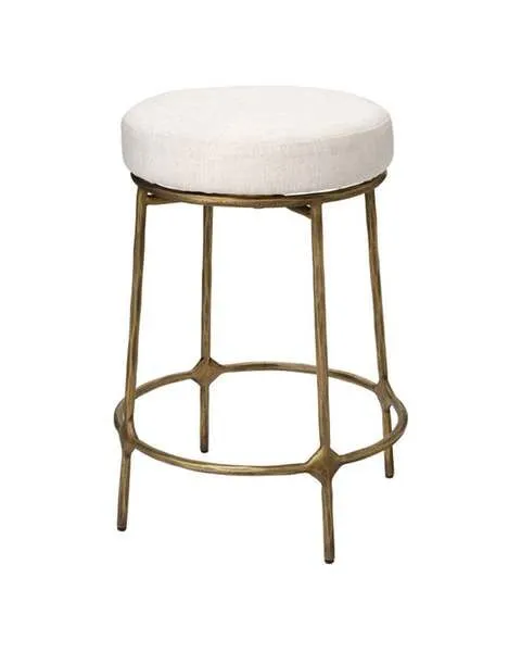 Asteria Iron Stool with round soft beige upholstered seat and hand-forged antique bronze finish iron base