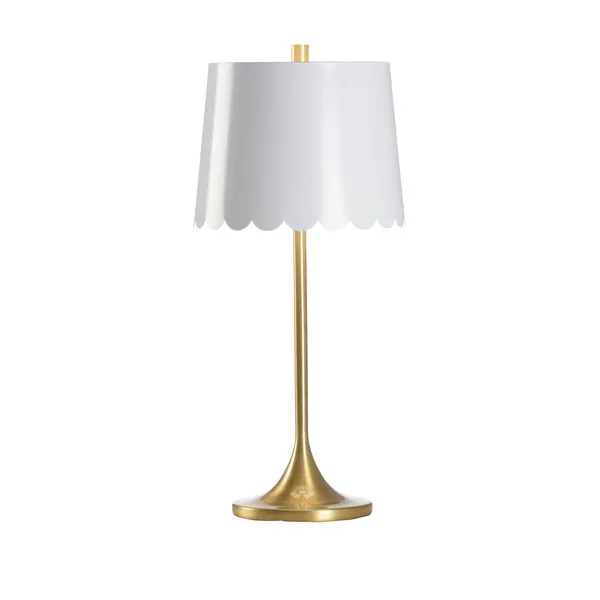 White scalloped tole shade table lamp with slender brass stem and round base