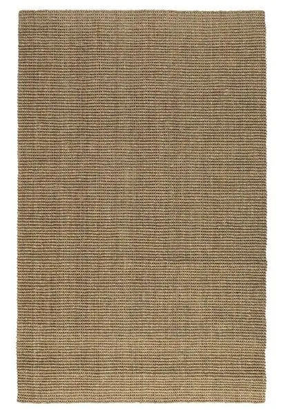 Rectangular hand-woven seagrass area rug in natural beige and tan tones with a tight woven pattern
