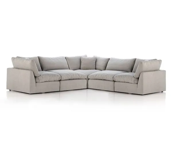 Light grey left arm-facing 5 piece sectional sofa with feather-blend cushions and soft upholstery