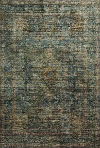 Anniston Lagoon Multi Rug with traditional motifs in distressed blue, green, and brown tones