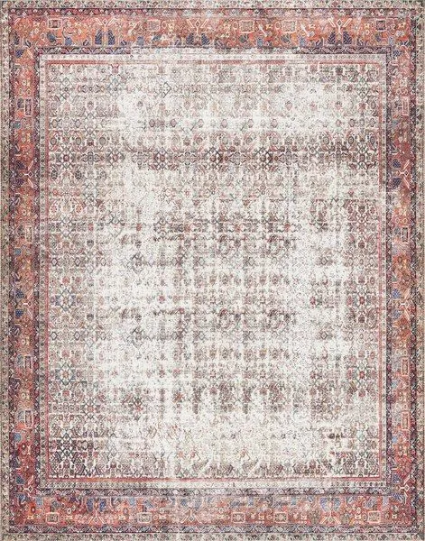 Layla Ivory / Brick Rug with traditional old-world pattern, ivory center and brick red decorative border