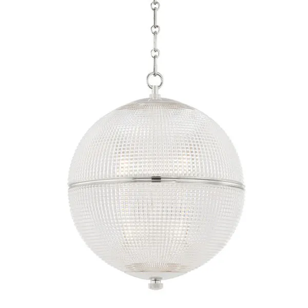 Large spherical pendant light with textured clear glass and metal band around the middle, hanging from a chain
