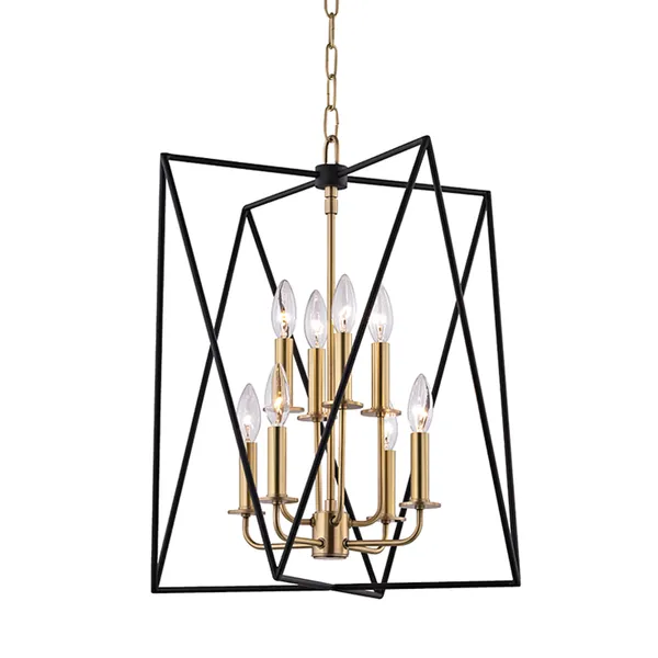 Laszlo 8 Light Pendant with black geometric metal frame and eight gold candle-style lights on a hanging chain