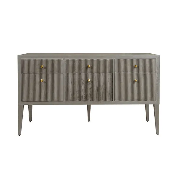 Palmer Fluted Six Drawer Buffet in solid oak with gray finish and gold knobs, featuring fluted drawer fronts and tapered legs