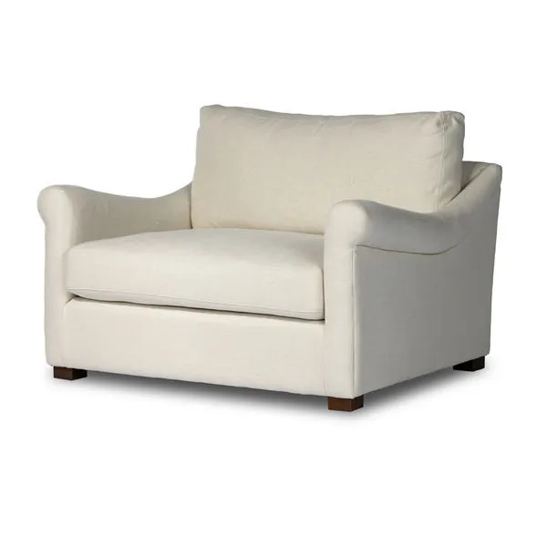 Bridges Natural Chair And A Half in soft beige Belgian Linen with sloping rolled arms and parawood feet