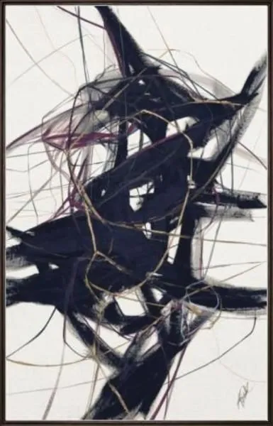 abstract painting with black and dark purple angular strokes intertwined with thin gold lines on a white background
