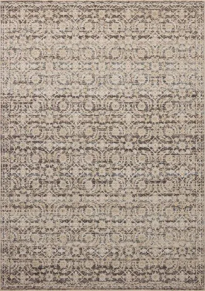 Milena Linen Midnight power-loomed rug in neutral grey and beige with vintage style motifs and soft texture
