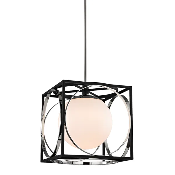 Wadsworth 1 Light Pendant with brushed nickel metal frame and white glass globe shade inside a black cube frame