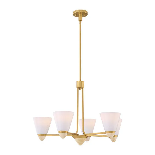Kohlman chandelier showing lit shades from side angle with visible travertine details