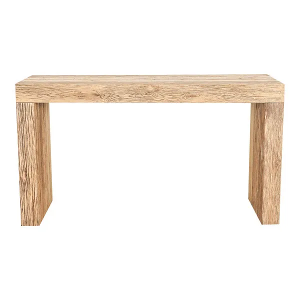 Evander dining table crafted from solid reclaimed oak with natural grain and knots, modern blocked construction.