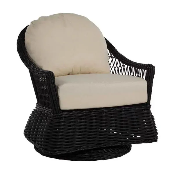Soho Woven Swivel Glider with black N-Dura resin wicker frame and beige cushions