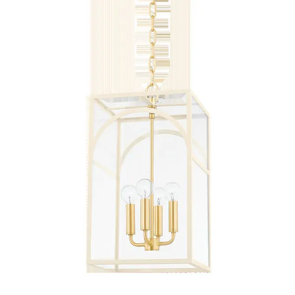 Addison 4 Light Small Pendant with gold steel frame and four exposed bulbs inside rectangular glass case