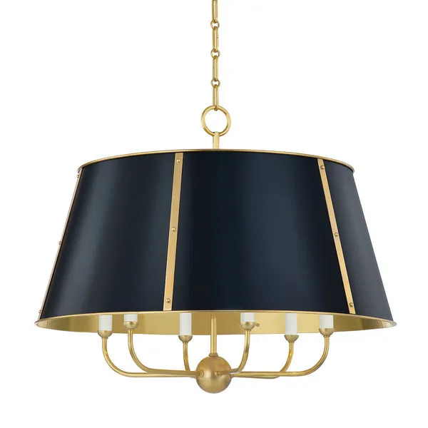 Cambridge 6 Light Chandelier with black tapered shade and gold metal frame with six candle-style lights