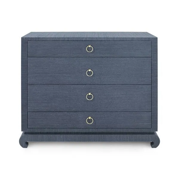 Front view of navy blue textured Ming Large 4-Drawer Dresser showing four round gold metal ring pulls.