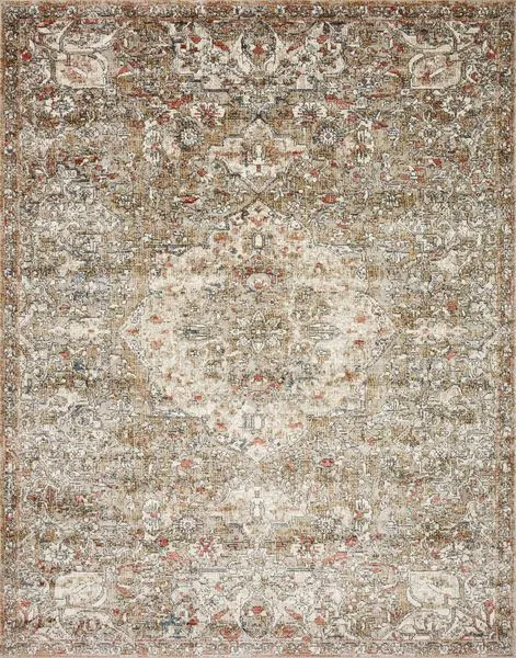 Beige traditional rectangular rug with intricate faded floral and medallion motifs in muted red, brown, and gray tones.