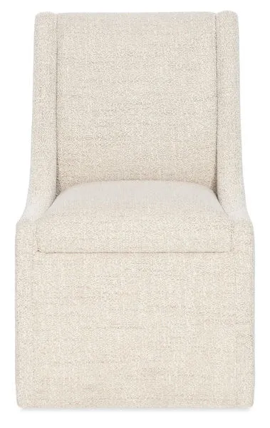 Front view focusing on the wide seat cushion and slight flare of the track arms in beige upholstery.