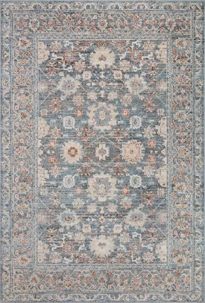 Traditional long runner rug with vintage Turkish Oushak motifs in sky blue, rust, and cream