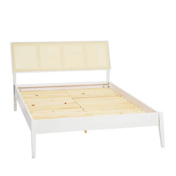 Haven Woven Bed with white solid wood frame and woven cane headboard, featuring wooden slat base