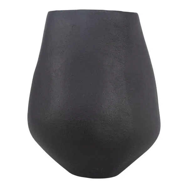 Black, hand-sculpted Voss decorative vessel with a rounded bottom and textured surface