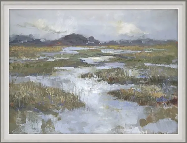 Serene And Green painting of a marshland with lush grasses and reflective water under a cloudy sky in soft muted tones