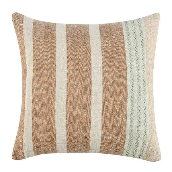 Cherry Belgian linen blend throw pillow with wide two-tone stripes and textured knit detail on one side