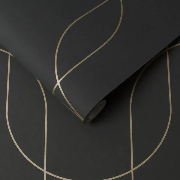 Black wallpaper with fine metallic gold curves forming a subtle geometric pattern on textured surface