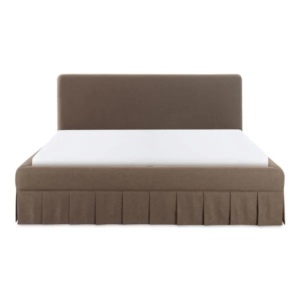 Zeppelin bed with low-slung 70’s silhouette, curved edges, floating base design, brown linen-blend upholstery