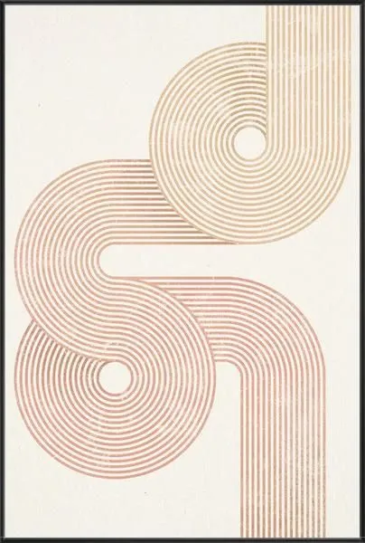 Abstract painting with intertwined circular and linear patterns in soft earthy tones, set on a light background